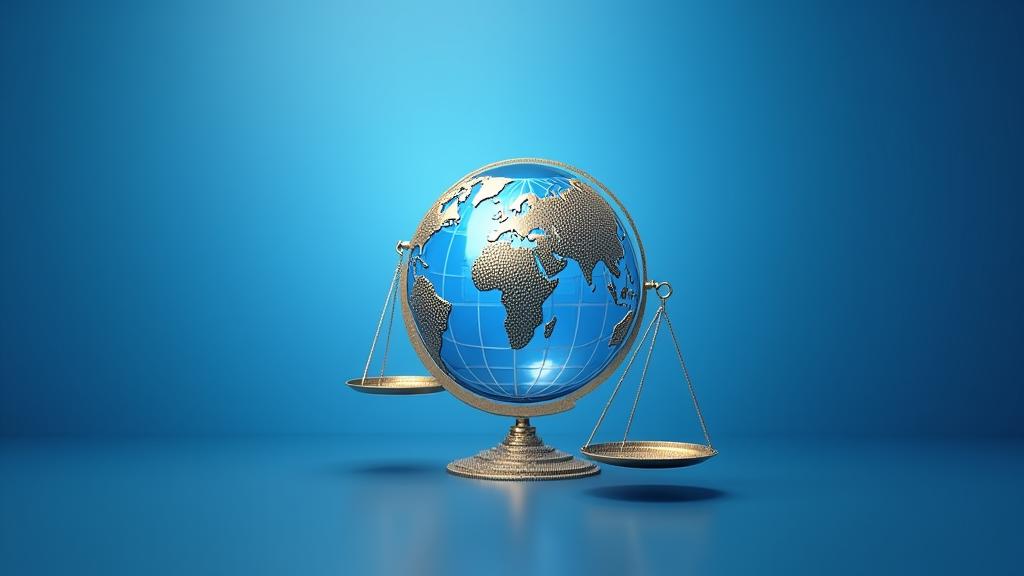 Imagen conceptual de justicia global con representaciones abstractas de leyes y flechas de interconexión.